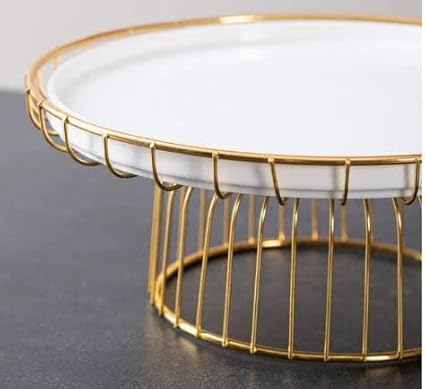 Decorative Cake Stand with Gold Metal Base, Round White Plate,
