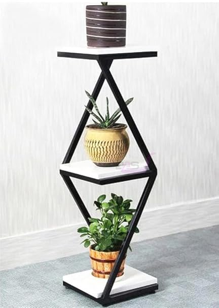 Modern 3-Tier Plant Stand, Black Metal Frame with White Shelves, Display Platforms