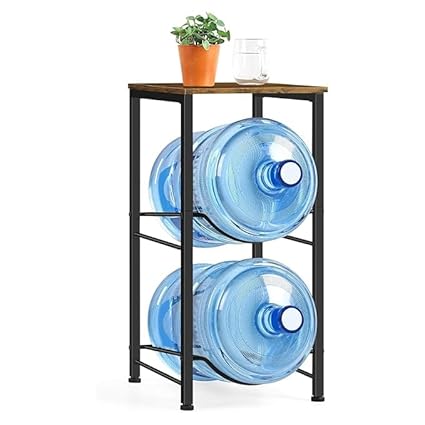 Water Bottle Storage Rack, 2-Tier Metal Stand with Wood Top, Holds Two 20L Bottles, Black