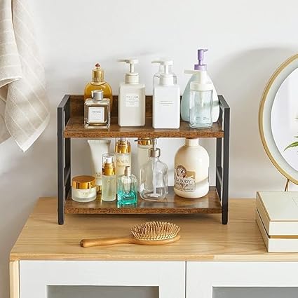 2-Tier Industrial Storage Shelf, Rustic Brown Wood with Black Metal Frame