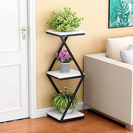 Modern 3-Tier Plant Stand, Black Metal Frame with White Shelves, Display Platforms
