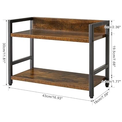 2-Tier Industrial Storage Shelf, Rustic Brown Wood with Black Metal Frame