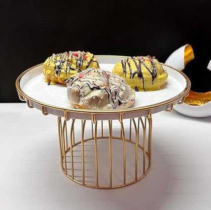 Decorative Cake Stand with Gold Metal Base, Round White Plate,