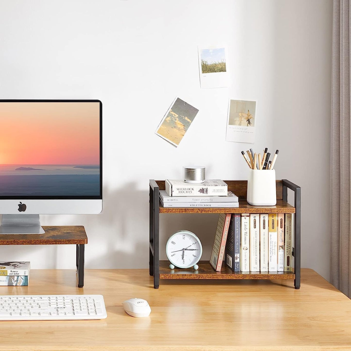 2-Tier Industrial Storage Shelf, Rustic Brown Wood with Black Metal Frame