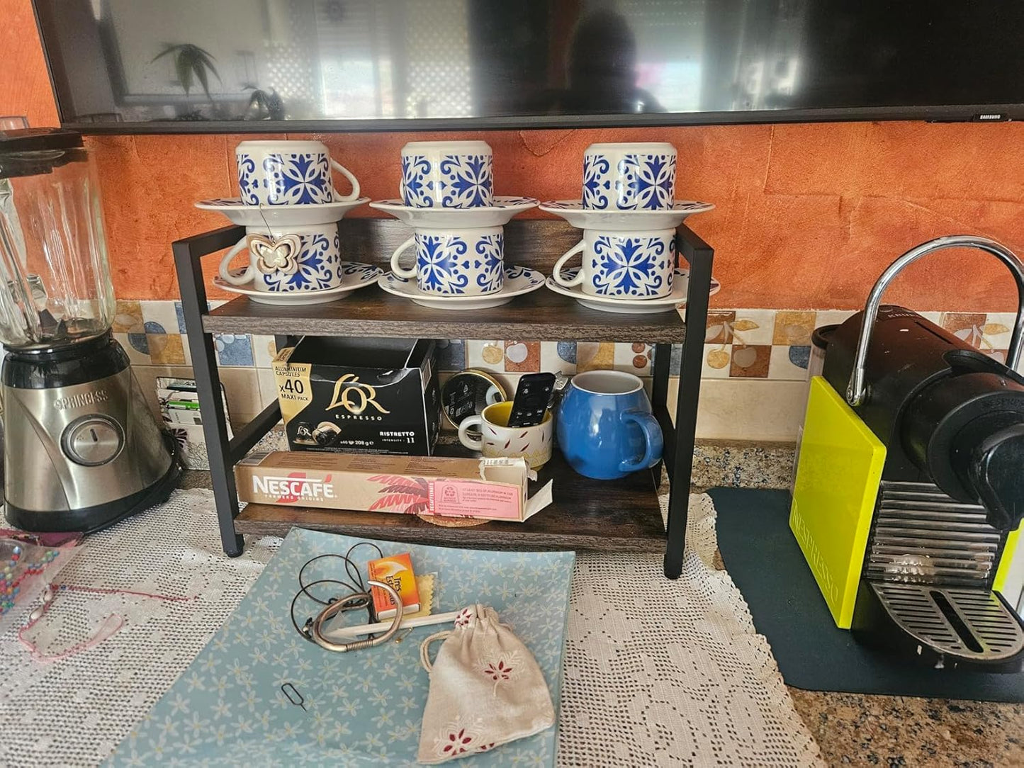 2-Tier Industrial Storage Shelf, Rustic Brown Wood with Black Metal Frame