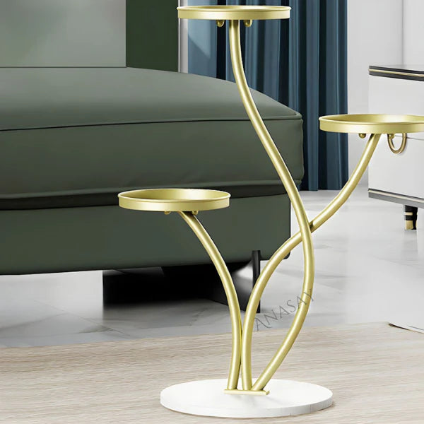 Elegant Round Metal Plant Stand with 3 Shelves and Stone Base