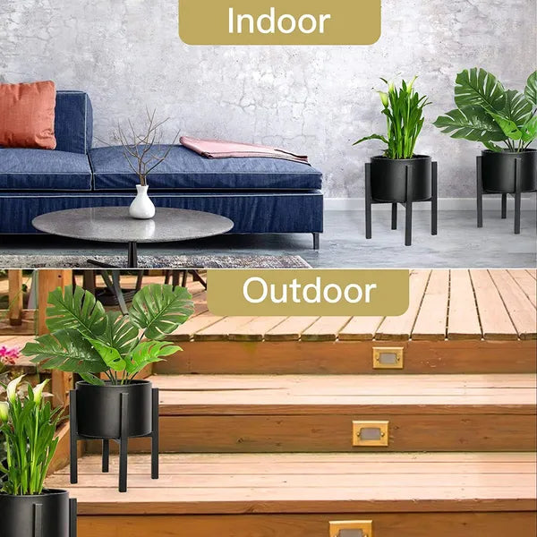 Black metal floor-standing plant stand with a black pot