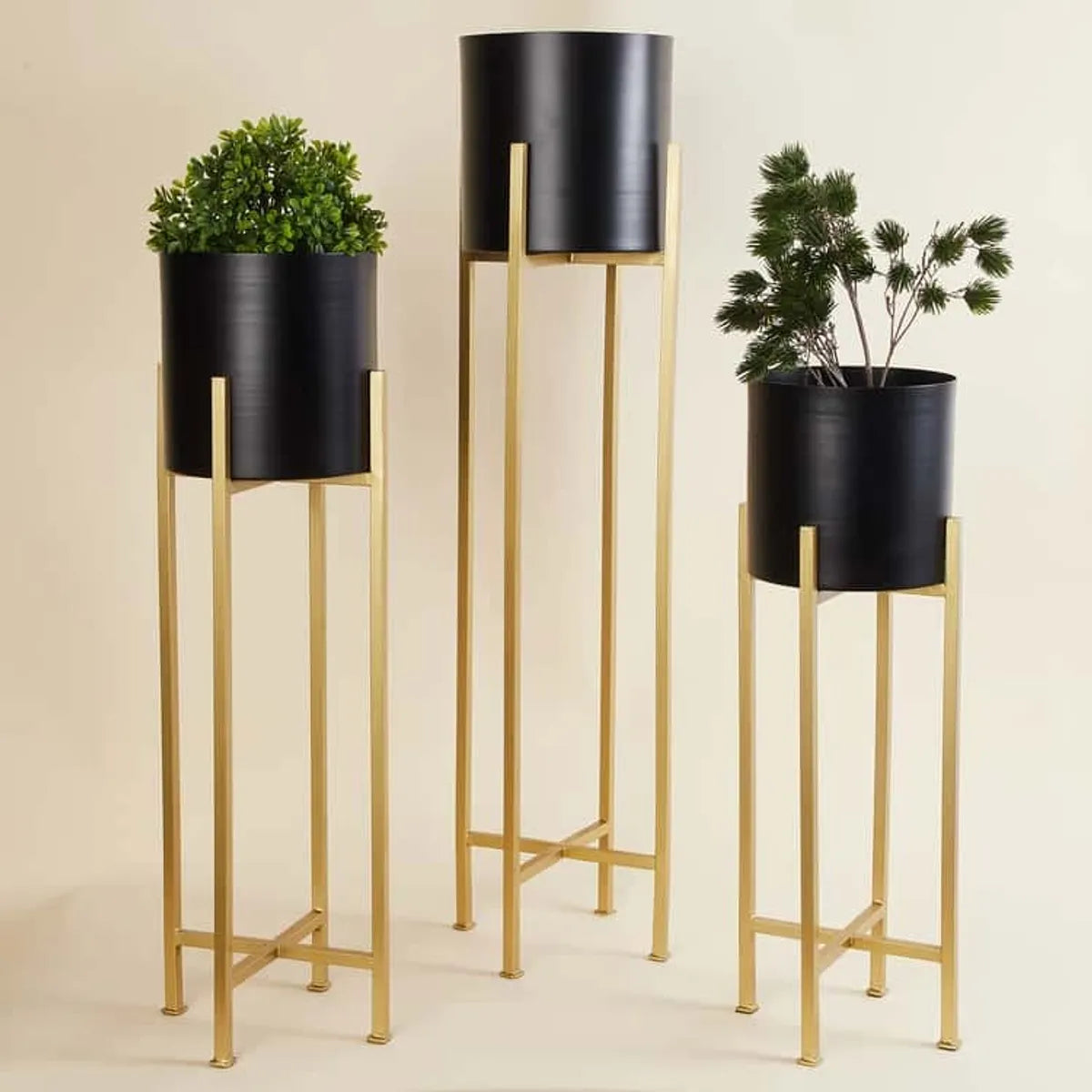 Black Metal Plant Stand Set-3-Piece Pot Gold Powder