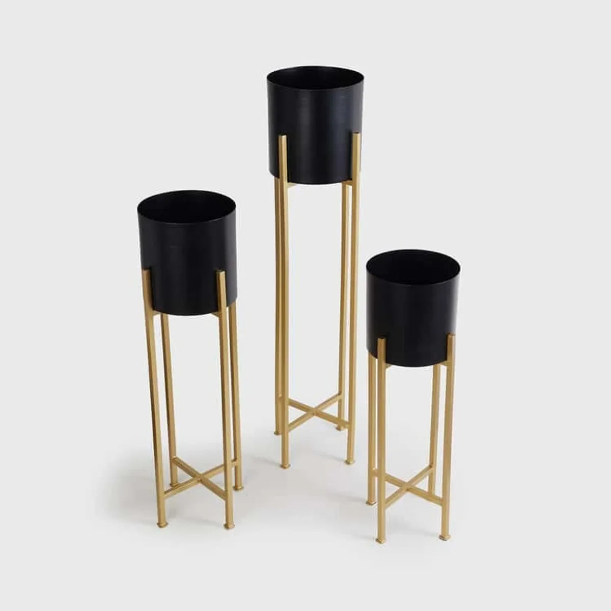 Black Metal Plant Stand Set-3-Piece Pot Gold Powder