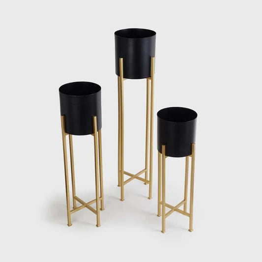Black Metal Plant Stand Set-3-Piece Gi Pot Gold Powder Coating Metal Planter Stand Indoor Outdoor- Black Stand Black Pot