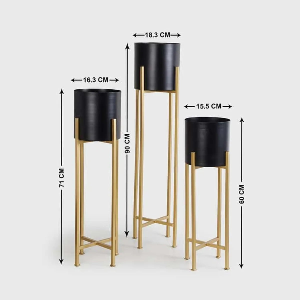 Black Metal Plant Stand Set-3-Piece Pot Gold Powder