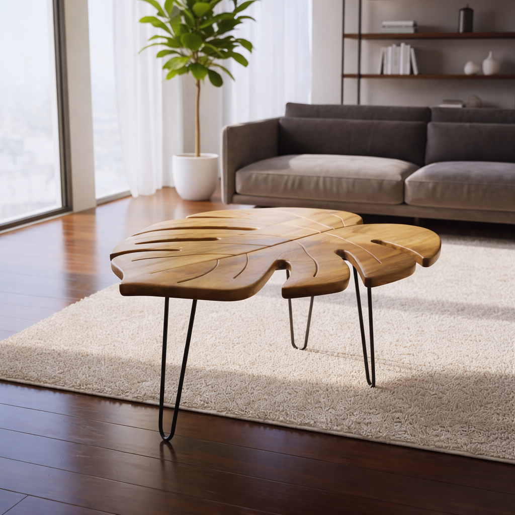 Leaf Shape Wooden Coffee Table | Modern Hairpin Legs