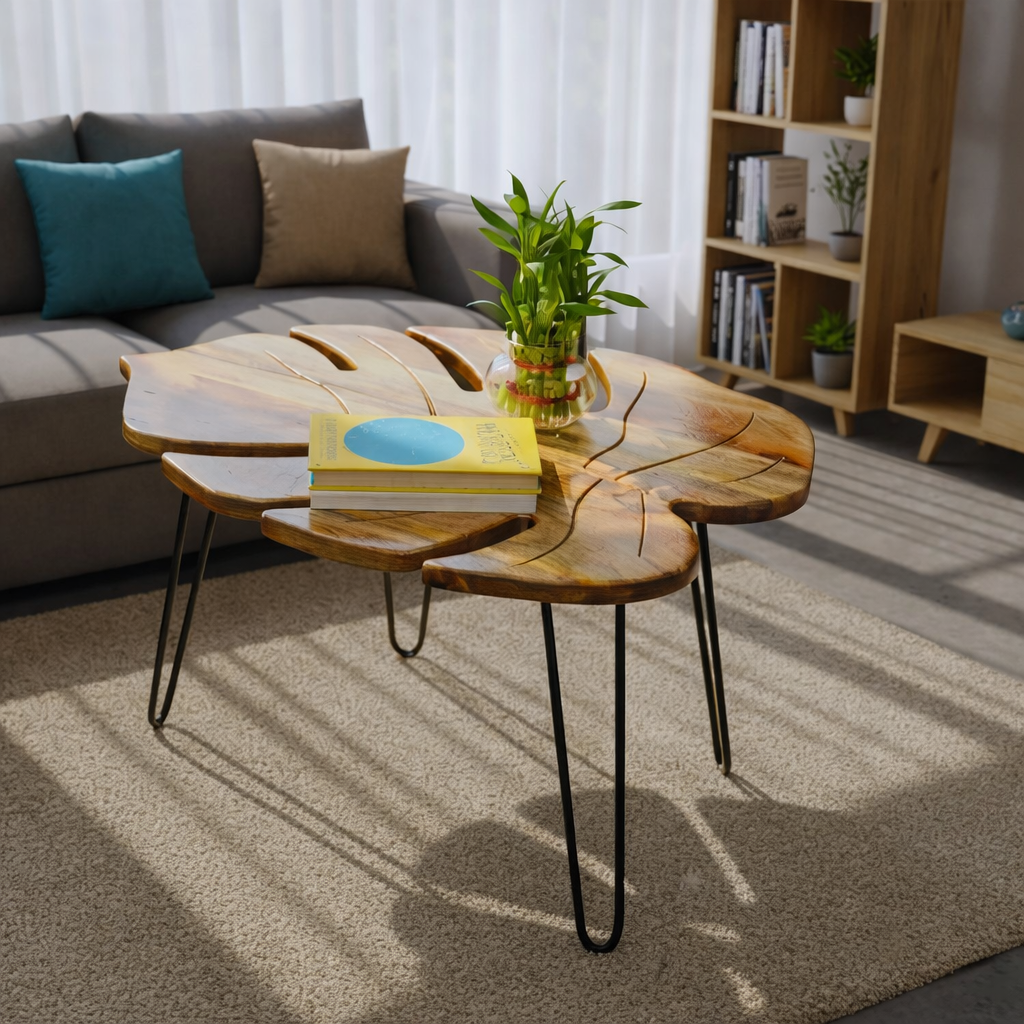 Leaf Shape Wooden Coffee Table | Modern Hairpin Legs