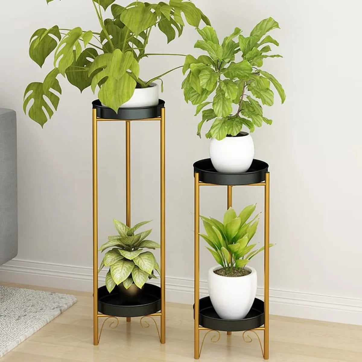 Gold 2-Tier Plant Stand Table, Metal Corner Display Vase Stand