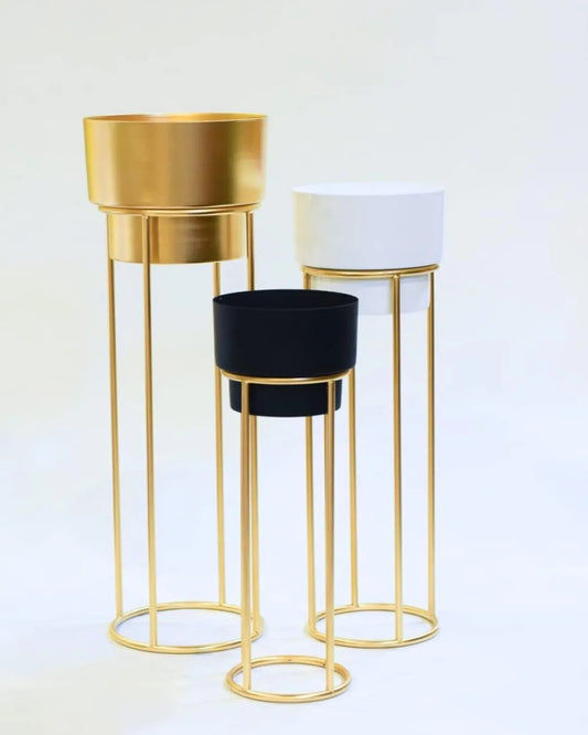 Multicolor Westons Crat Modern Metal Decorative Floor-Standing White And Gold Indoor-Outdoor Plant Stand With A Pot.
