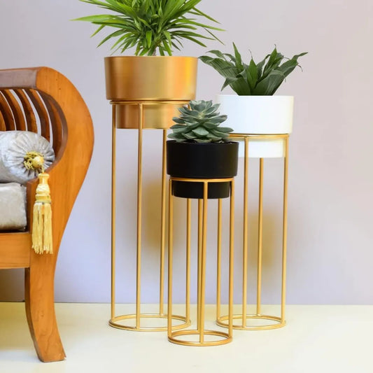 Multicolor Westons Crat Modern Metal Decorative Floor-Standing White And Gold Indoor-Outdoor Plant Stand With A Pot.
