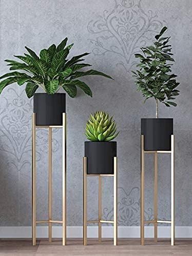 Modern Metal Floor Flower Stands Planter Stand with Planter Pot -Set of 3 Black)